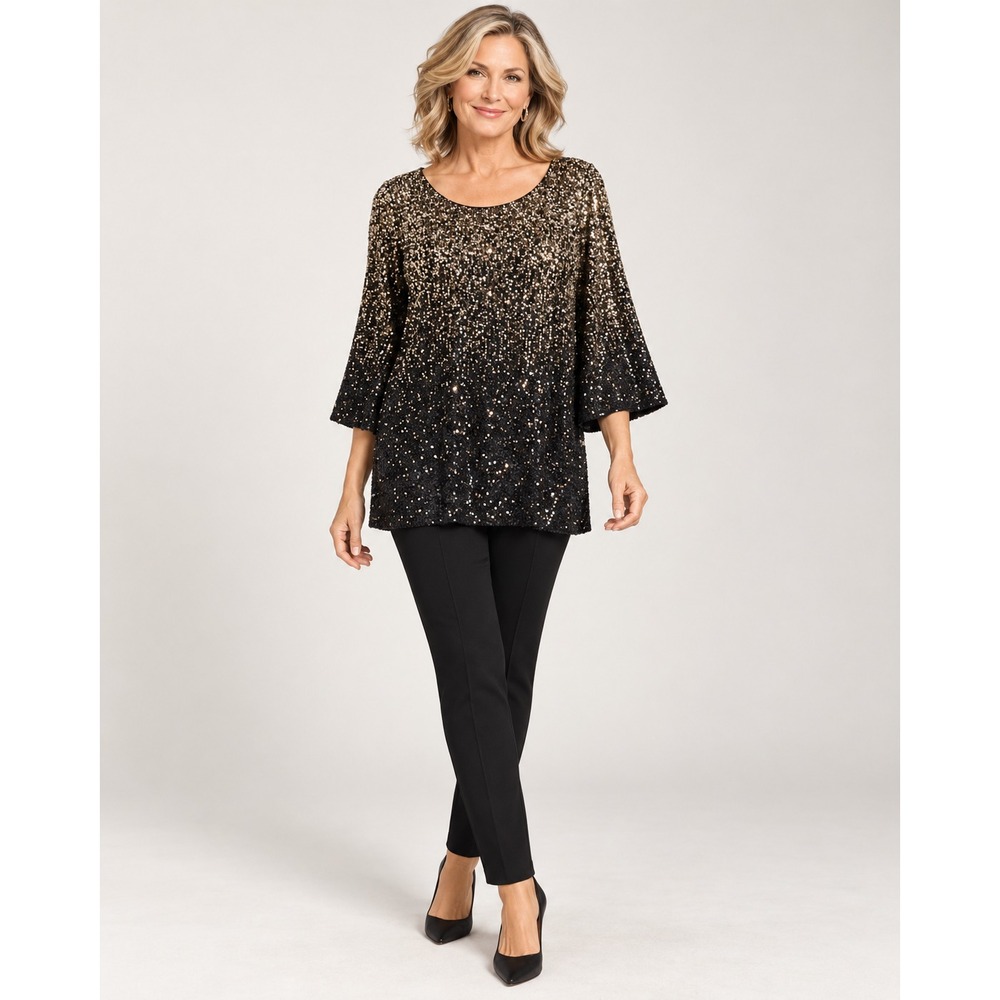 Chicos Top Blouse Size 3 XL Sequined Ombre Black Gold Boat Neck Lined Party